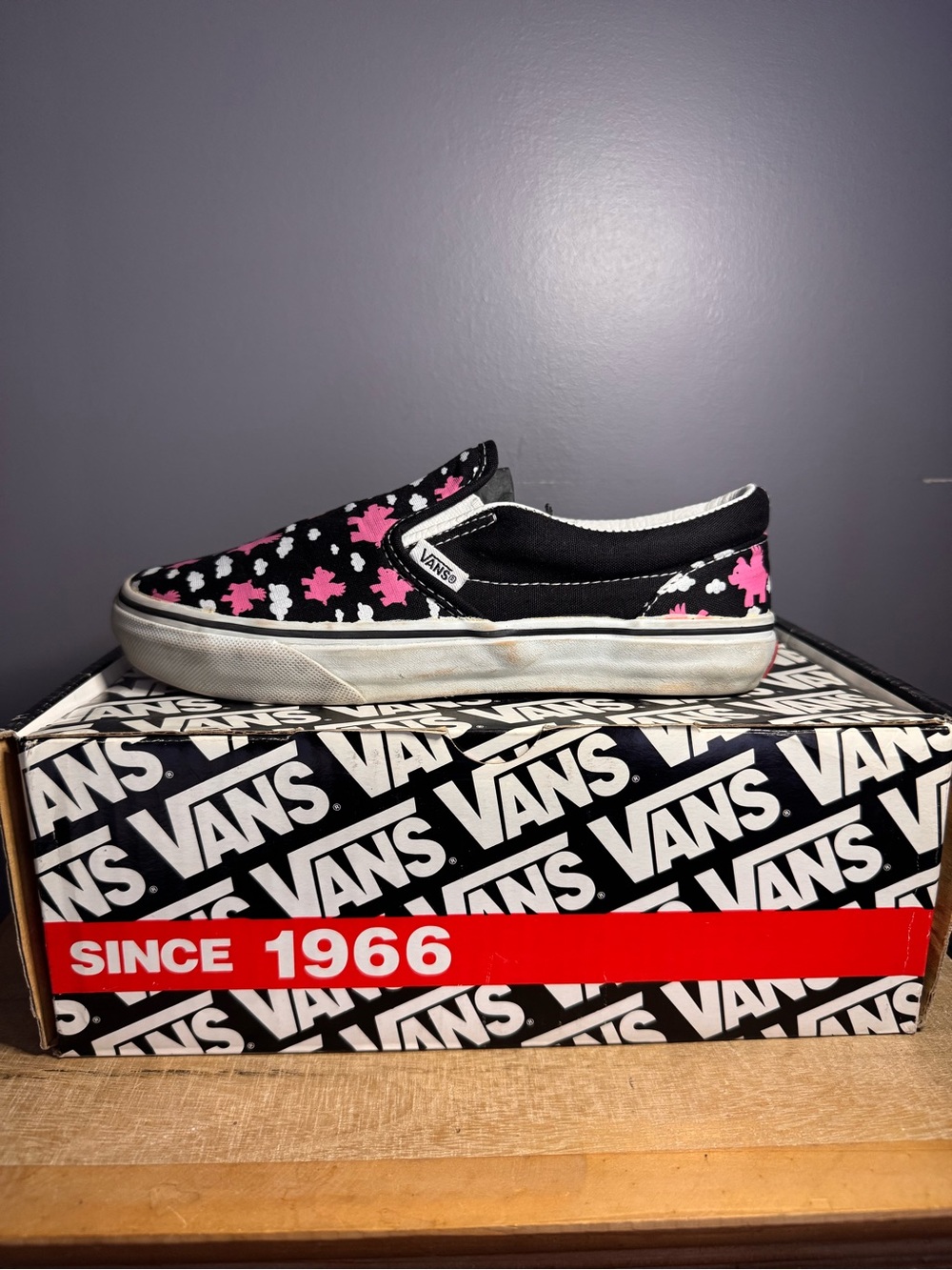 Vans Kids Slip-On Black Canvas with Pink & White Floral Print